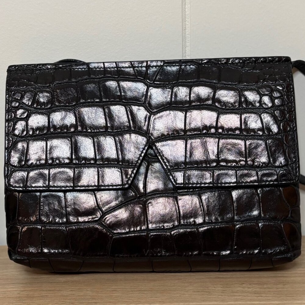 Vince Crocodile Embossed Black Leather Crossbody Bag